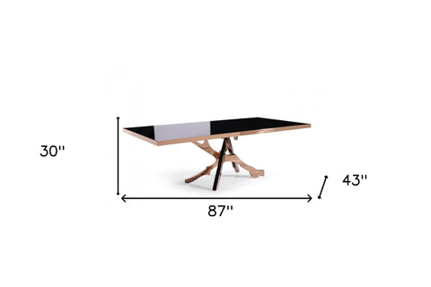 87" Black Glass And RoseGold Abstract Pedestal Base Dining Table