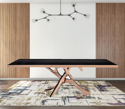 87" Black Glass And RoseGold Abstract Pedestal Base Dining Table