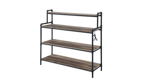 43" Antique Oak And Black Metal Four Tier Bookcase with USB Port