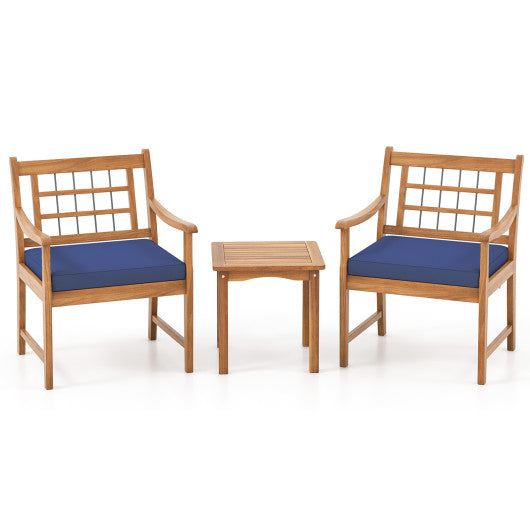 3 Piece Wood Patio Furniture Set with Seat Cushions and Acacia Wood Frame-Navy