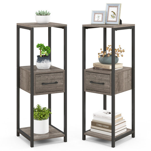 2 Pack 3 Tier Tall Metal Plant Stand with Drawer and Display Shelf-Gray