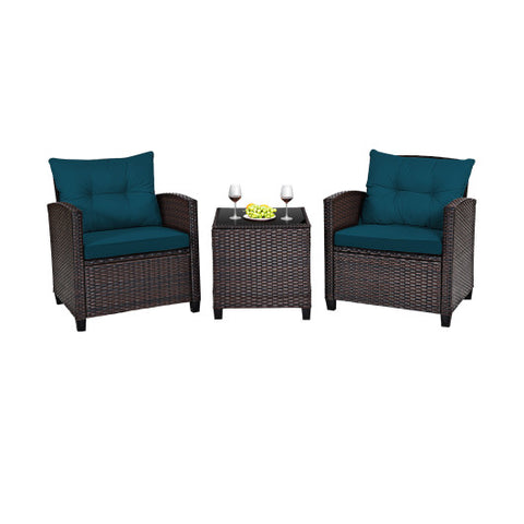 3 Pieces Rattan Patio Furniture Set with Washable Cushion-Peacock Blue