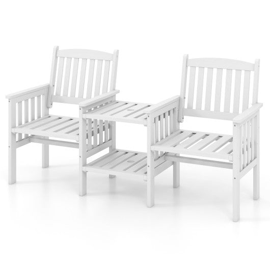 Outdoor Fir Wood Loveseat with 2-Tier Side Table and 1.96" Umbrella Hole-White