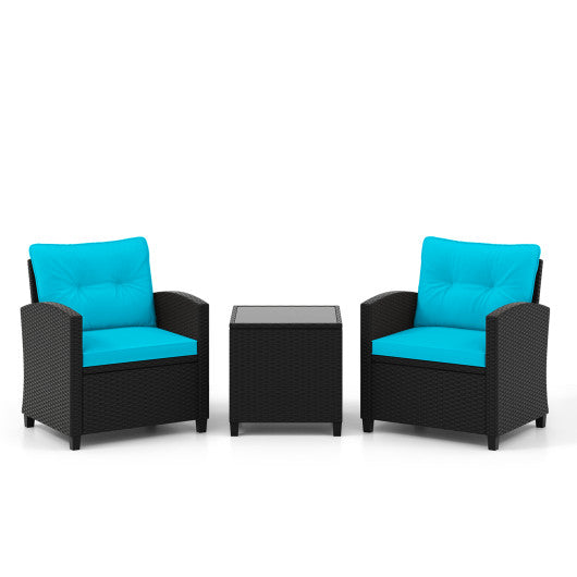 3 Pieces Patio Furniture Set with Tempered Glass Coffee Table-Turquoise