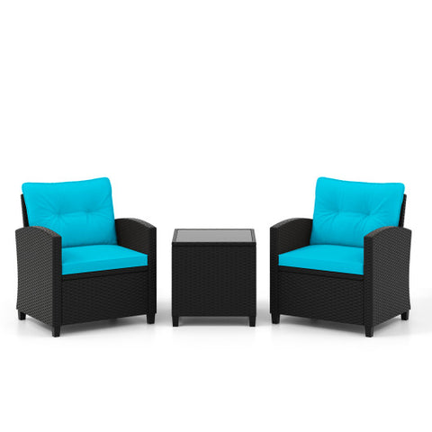 3 Pieces Patio Furniture Set with Tempered Glass Coffee Table-Turquoise