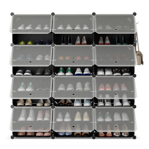 12-Cube 48 Pairs Portable Shoe Shelves with Hook-Black