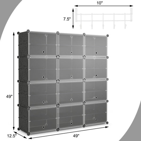 12-Cube 48 Pairs Portable Shoe Shelves with Hook-Black