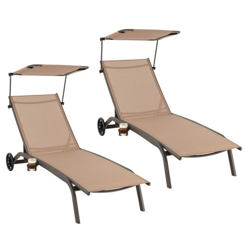 Patio Heavy-Duty Adjustable Chaise Lounge Chair with Canopy Cup holder and Wheels-Brown