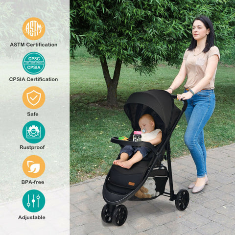 Baby Jogging Stroller with Adjustable Canopy for Newborn-Black