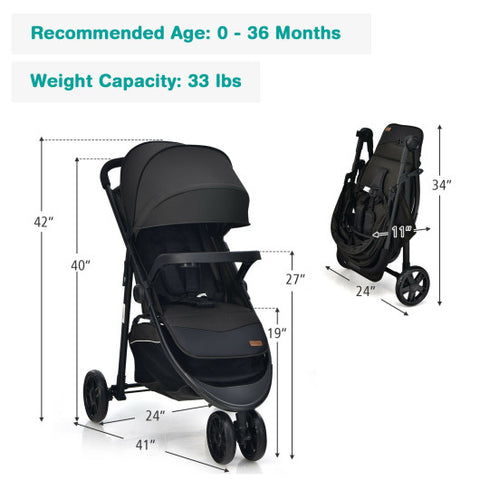 Baby Jogging Stroller with Adjustable Canopy for Newborn-Black