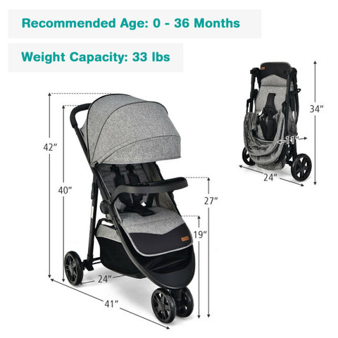 Baby Jogging Stroller with Adjustable Canopy for Newborn-Gray