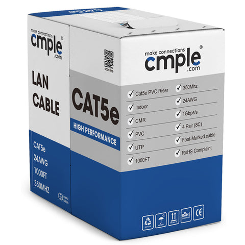 1010-N Cmple - Cat5e Ethernet Cable 1000ft Gigabit Network Cat 5e Bulk Unshielded Twisted Pair (UTP), Solid 24AWG CMR 350 MHz Blue