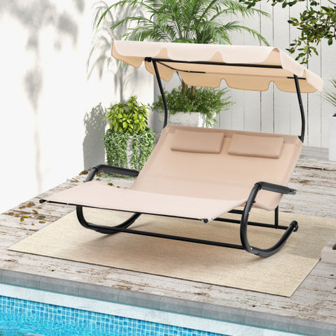 Outdoor 2 Persons Rocking Chaise Lounge with Canopy and Wheels-Beige