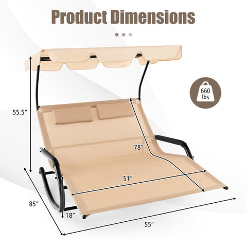 Outdoor 2 Persons Rocking Chaise Lounge with Canopy and Wheels-Beige