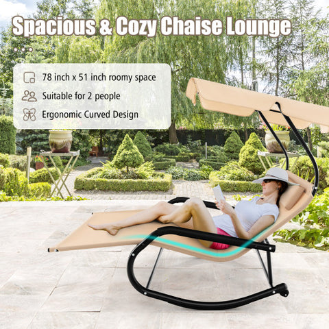 Outdoor 2 Persons Rocking Chaise Lounge with Canopy and Wheels-Beige