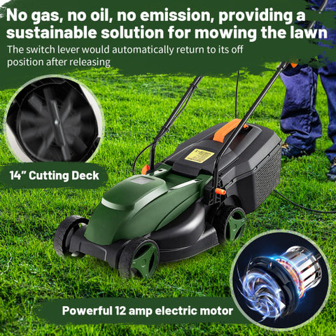 10-AMP 13.5 Inch Adjustable Electric Corded Lawn Mower with Collection Box-Green