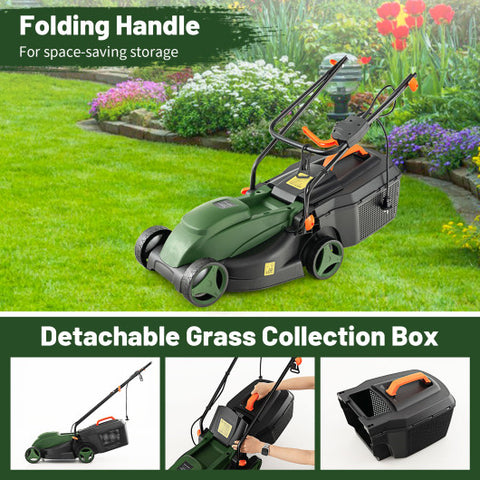 10-AMP 13.5 Inch Adjustable Electric Corded Lawn Mower with Collection Box-Green