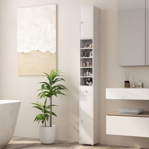 Freestanding Slim Bathroom Cabinet with Drawer and Adjustable Shelves-White