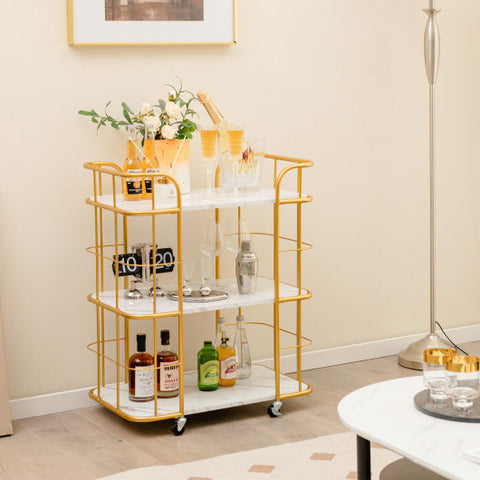 3-Tier Metal Kitchen Storage Serving Cart Trolley with Marble Tabletop and Handles-Golden