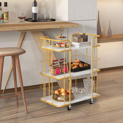 3-Tier Metal Kitchen Storage Serving Cart Trolley with Marble Tabletop and Handles-Golden