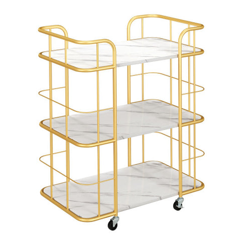 3-Tier Metal Kitchen Storage Serving Cart Trolley with Marble Tabletop and Handles-Golden