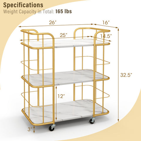 3-Tier Metal Kitchen Storage Serving Cart Trolley with Marble Tabletop and Handles-Golden