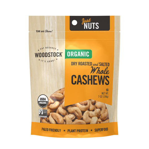 Woodstock Organic Whole Cashews, Dry Roasted And Salted - Case Of 8 - 7 Oz