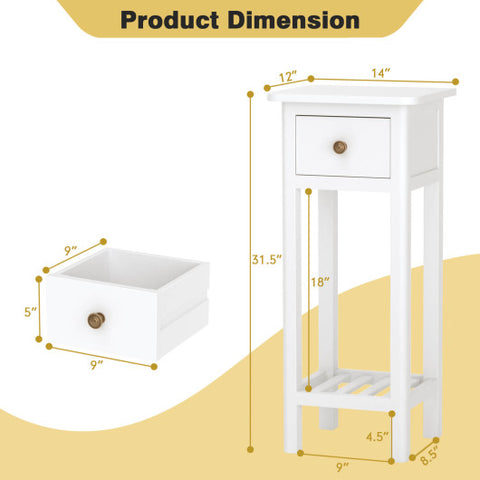 2 Tier Slim Nightstand Bedside Table with Drawer Shelf-White