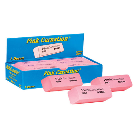 Pink Carnation Erasers, Medium, 2-5/16 x 13/16 x 7/17, 12 Per Pack, 3 Packs