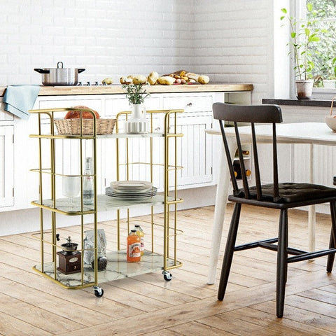 3 Tier Faux Marble Gold Rolling Bar Cart