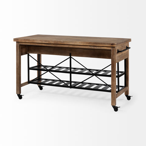 Brown Solid Wood Top Kitchen Island With Two Tier Black Metal Rolling