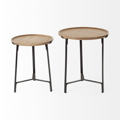 Set Of 2 Round Brown Solid Wood Iron Base Nesting Side Tables