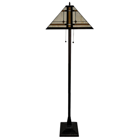 62" Brown Two Lights Traditional Shaped Floor Lamp With Brown And White Stained Glass Cone Shade