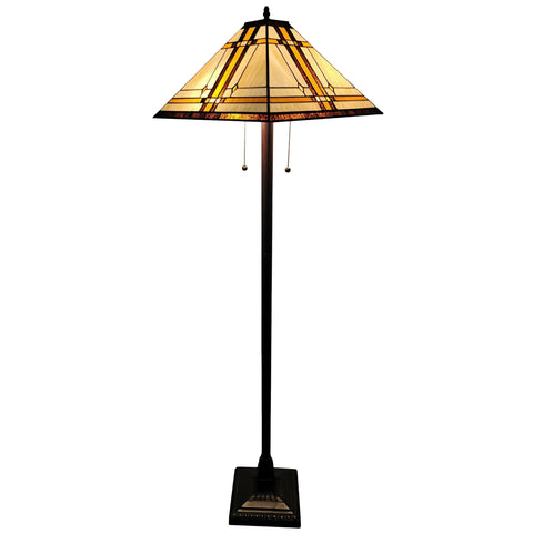 62" Brown Two Lights Traditional Shaped Floor Lamp With Brown And White Stained Glass Cone Shade