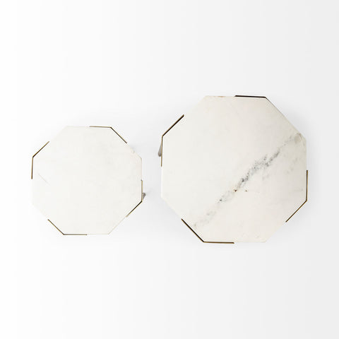 Set Of 2 White Marble And Iron Hexagonal Top Side Tables