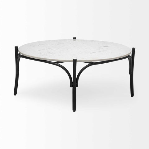 36" Round White Marble Top Black And Metal Base Coffee Table