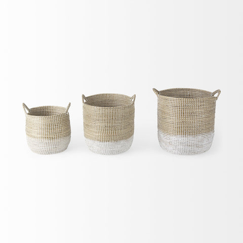 Set Of Three Beige And White Storage Baskets