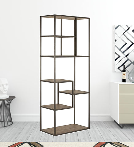 79" Reclaimed Wood and Metal Seven Tier Asymmetrical Bookcase