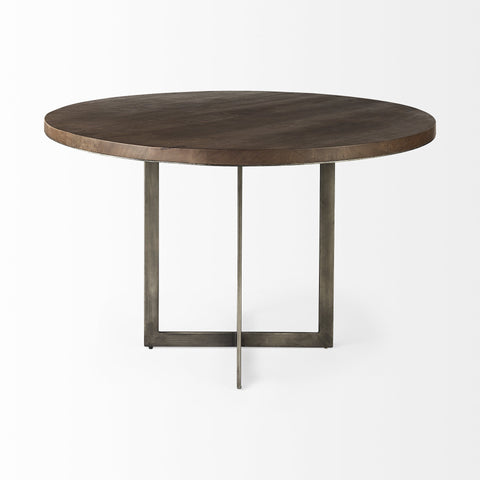 Rustic Brown Round Wood and Metal Dining Table