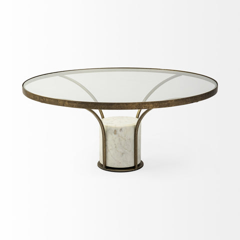 36" Round Glass Top Metal And Marble Pedestal Coffee Table