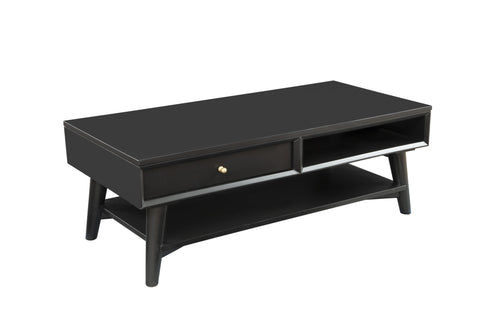 48" Black Solid and Manufactured Wood Coffee Table With Drawer