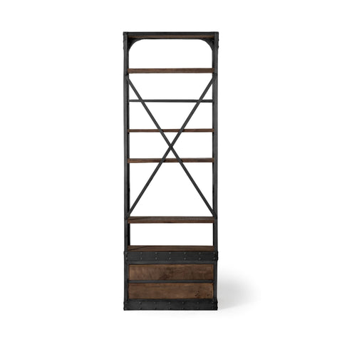 Black Metal Shelving Unit With Dark Brown Storage