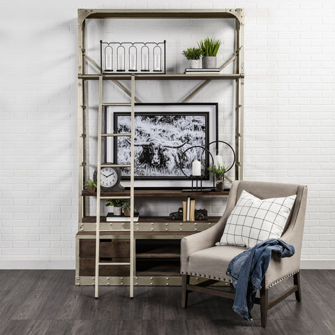 Gray Metal Shelving Unit With Light Brown Storage