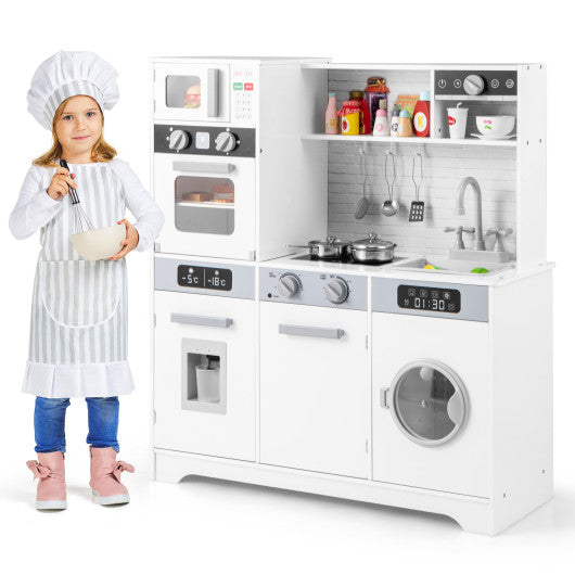 Pretend Play Kitchen Wooden Toy Set Kitchen Accessory Playset with Real Lights Sounds-White