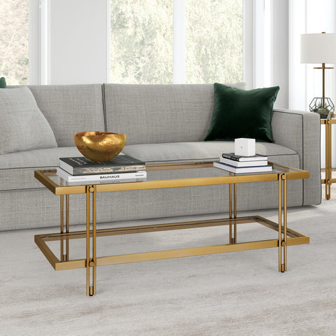 45" Gold Glass Rectangular Coffee Table With Shelf