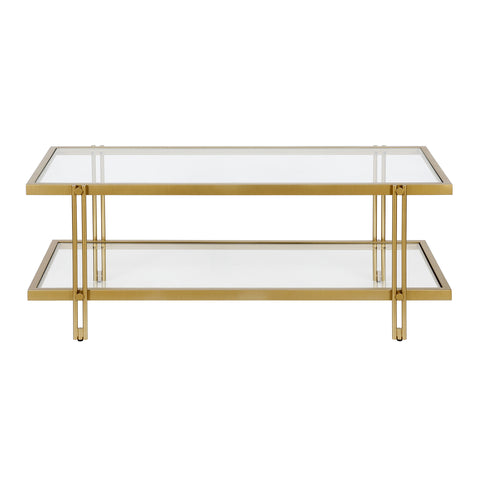 45" Gold Glass Rectangular Coffee Table With Shelf