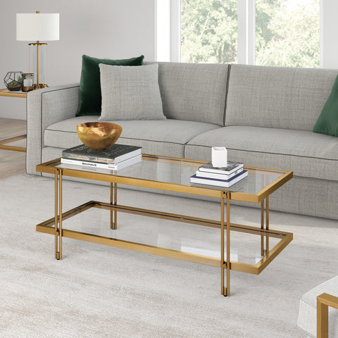 45" Gold Glass Rectangular Coffee Table With Shelf