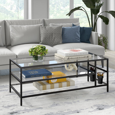 46" Black Glass Rectangular Coffee Table With Two Shelves