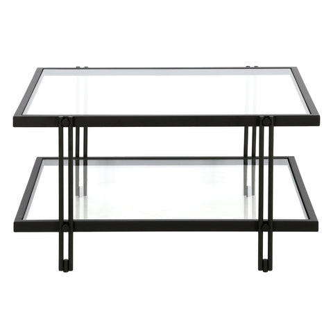 32" Black Glass Square Coffee Table With Shelf