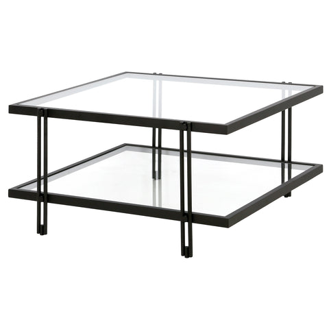 32" Black Glass Square Coffee Table With Shelf